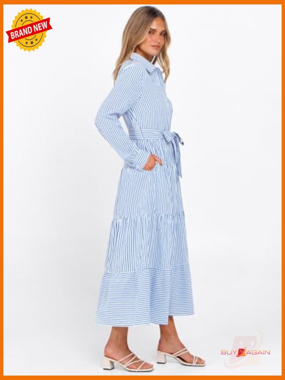 Long Sleeve Maxi Dress with Belt Button Down Casual Shirt Dress - Picture 4 of 7